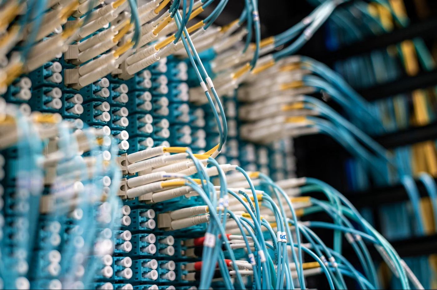 Fiber optic cables connected to a patch panel